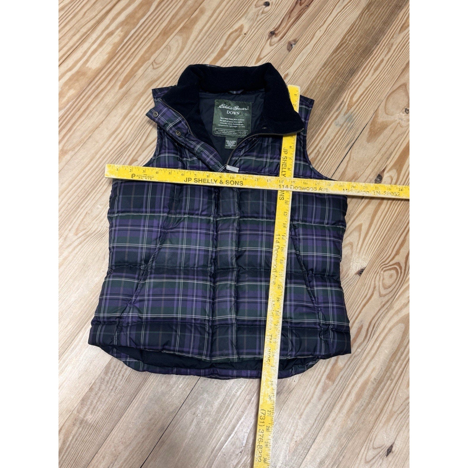 Eddie Bauer Down Vest Purple Green Plaid Goose Down Poly Shell Women’s Size S