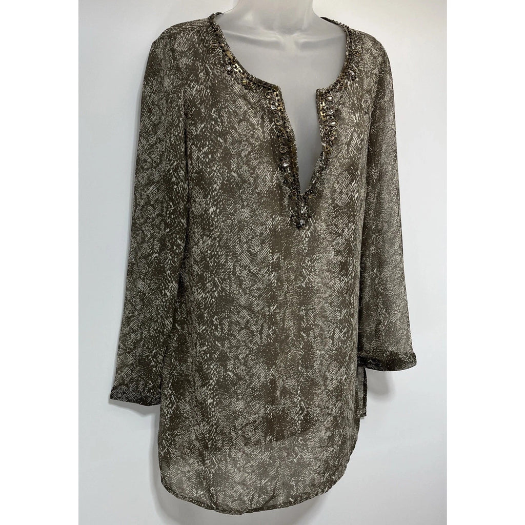 NEW Chicos Top Size 1 Medium Tan Snake Print Tunic Embellished Sheer Chiffon