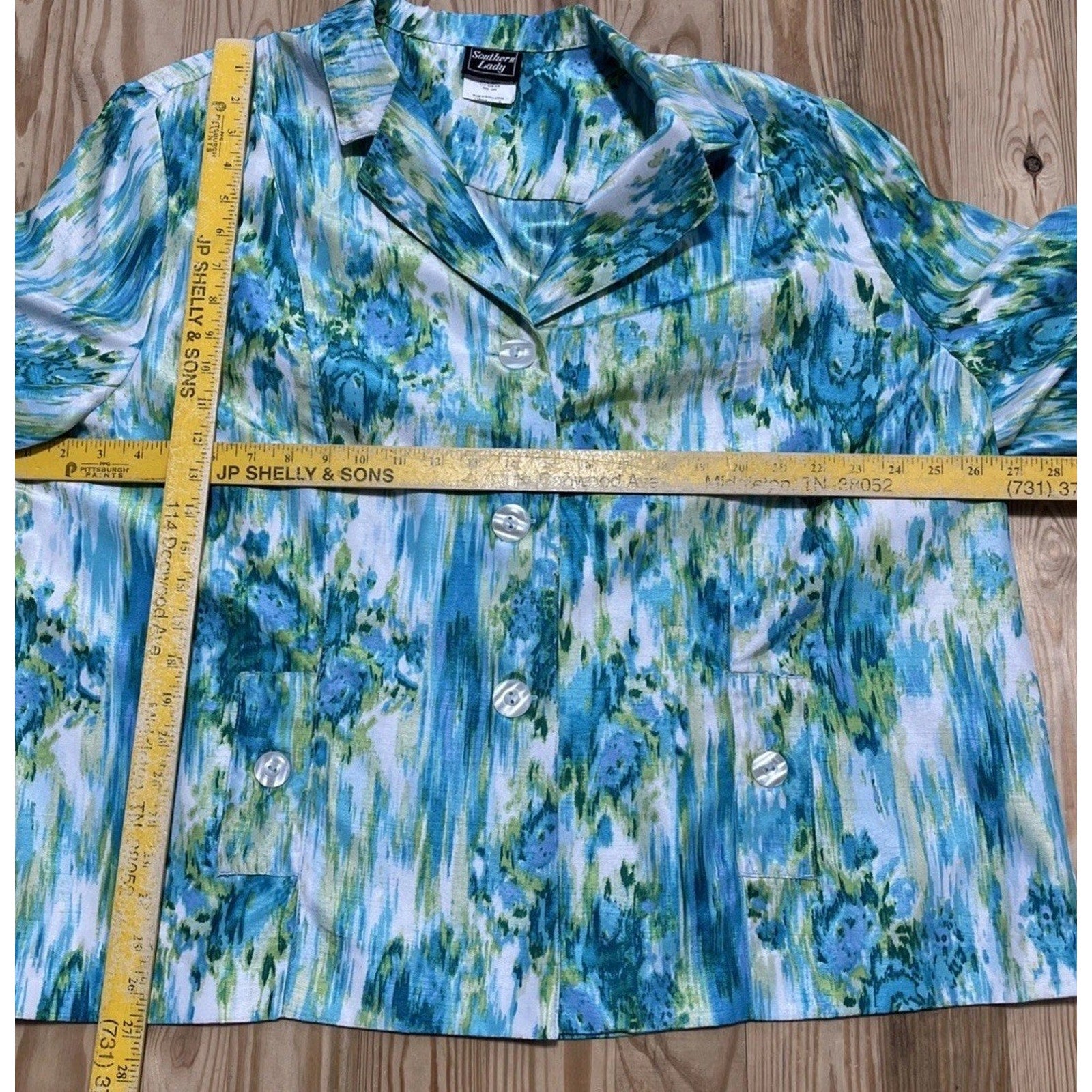 Southern Lady Womans Button Jacket Size 24W Green Blue Paint Abstract Effect NWT