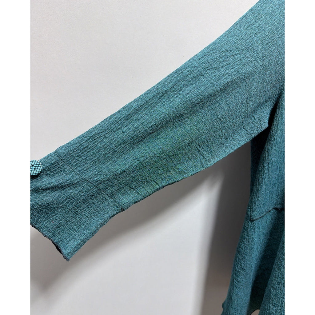 Ali Miles Roll Up 3/4Sleeve Cowl Neck Asymmetric Textured S Teal Green Tunic Top