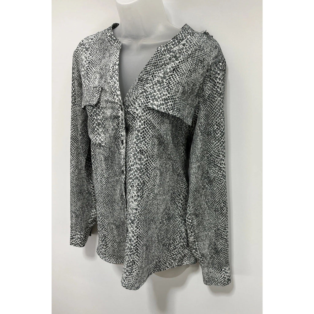 CALVIN KLEIN, WOMENS LS BUTTON DOWN, ANIMAL SKIN PRINT TOP Medium BLACK WHITE