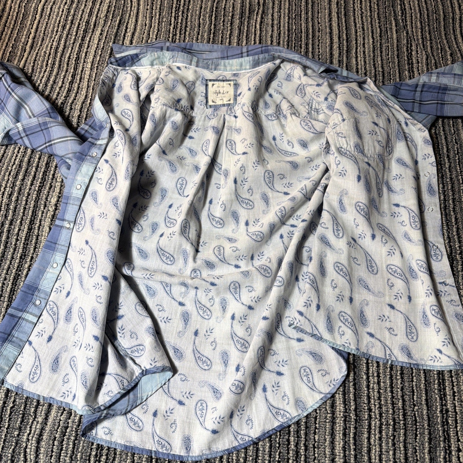 Style & Co Womens XXL Blue Plaid Pearl Snap Roll Tab Sleeves Western Shirt New