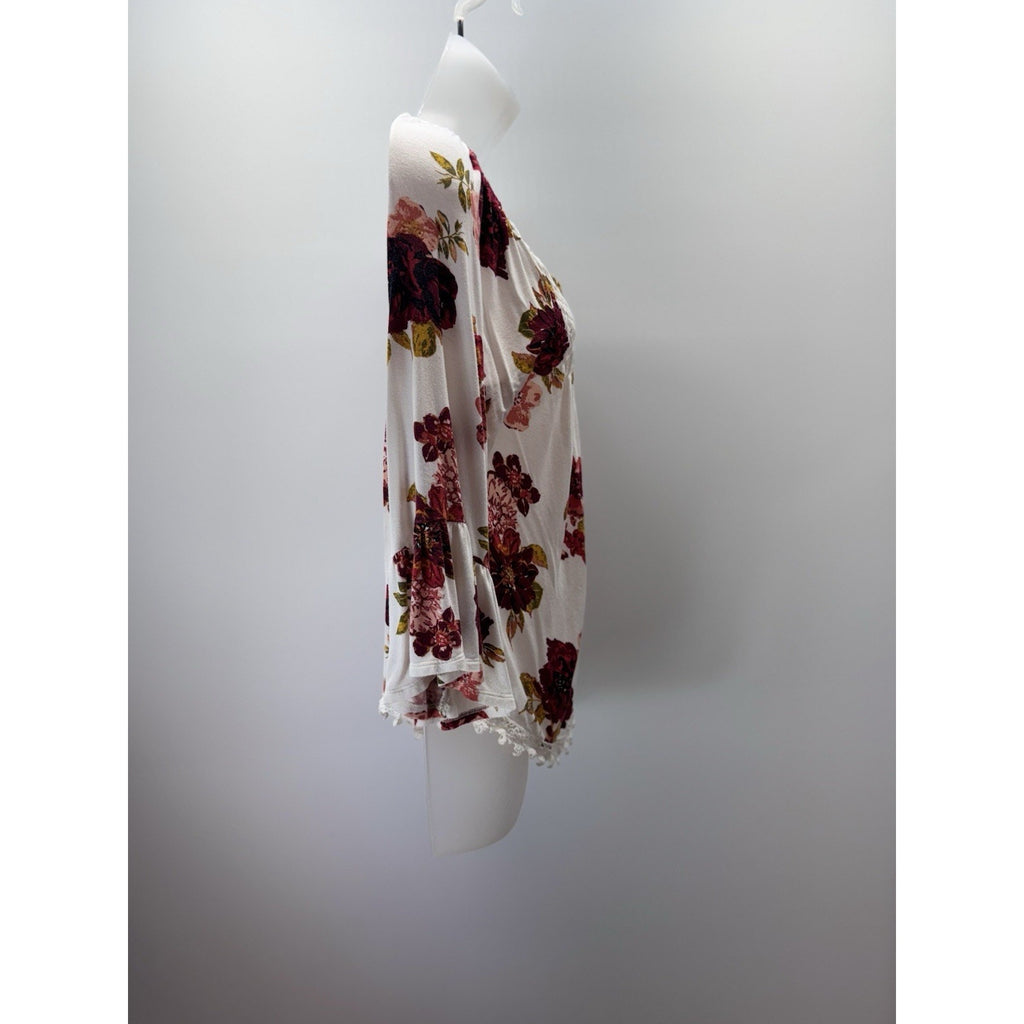 LUQ Women’s Size Large Floral Blouse, Lace Edge, Rusching Ivory Red