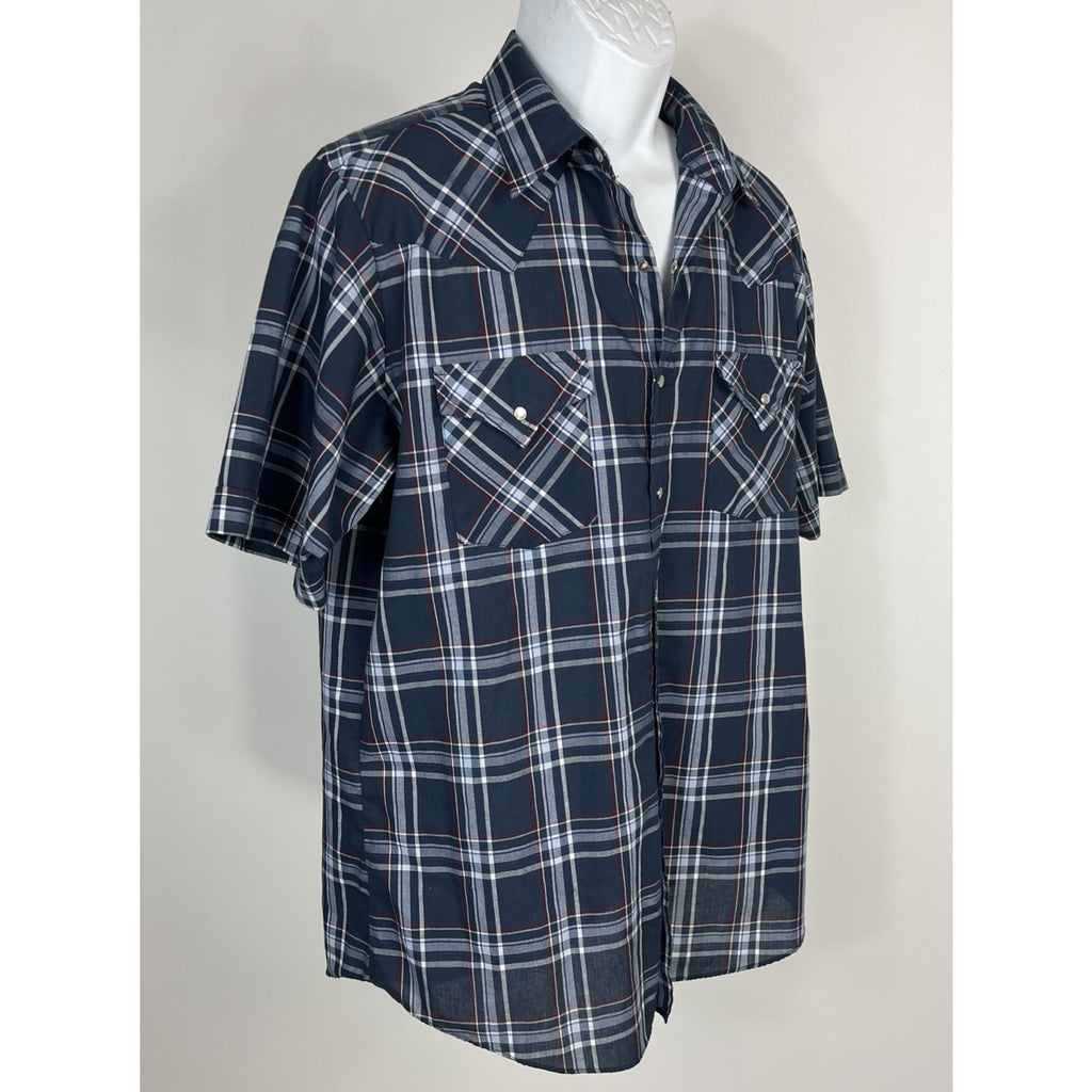 Plaid Western Shirt Short Sleeve Ely Cattleman Pearl Snap Blue Red Shirt Sz L
