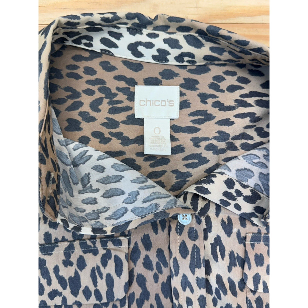 Chico's Button-Down Tunic Animal Print Pockets Modal Blend Long Sleeve Women’s 0