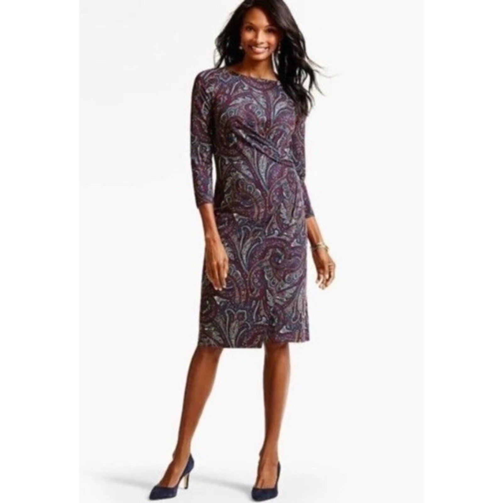 Talbots M Burgundy navy Paisley Sheath dress Stretch Career Cocktail Chic Midi
