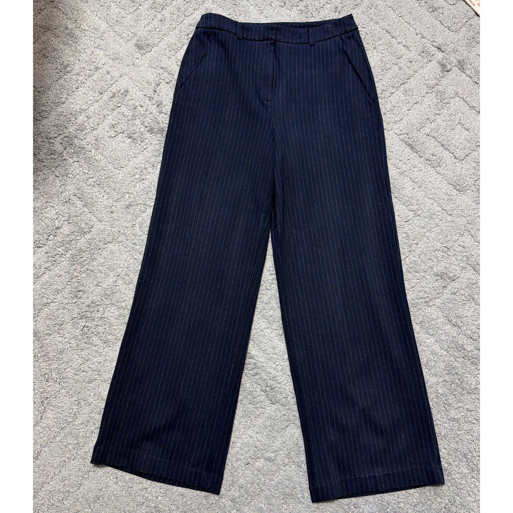 Kenneth Cole High Rise Zip Front Pin Stripe Wide Leg Women's 8 Pants Navy Blue