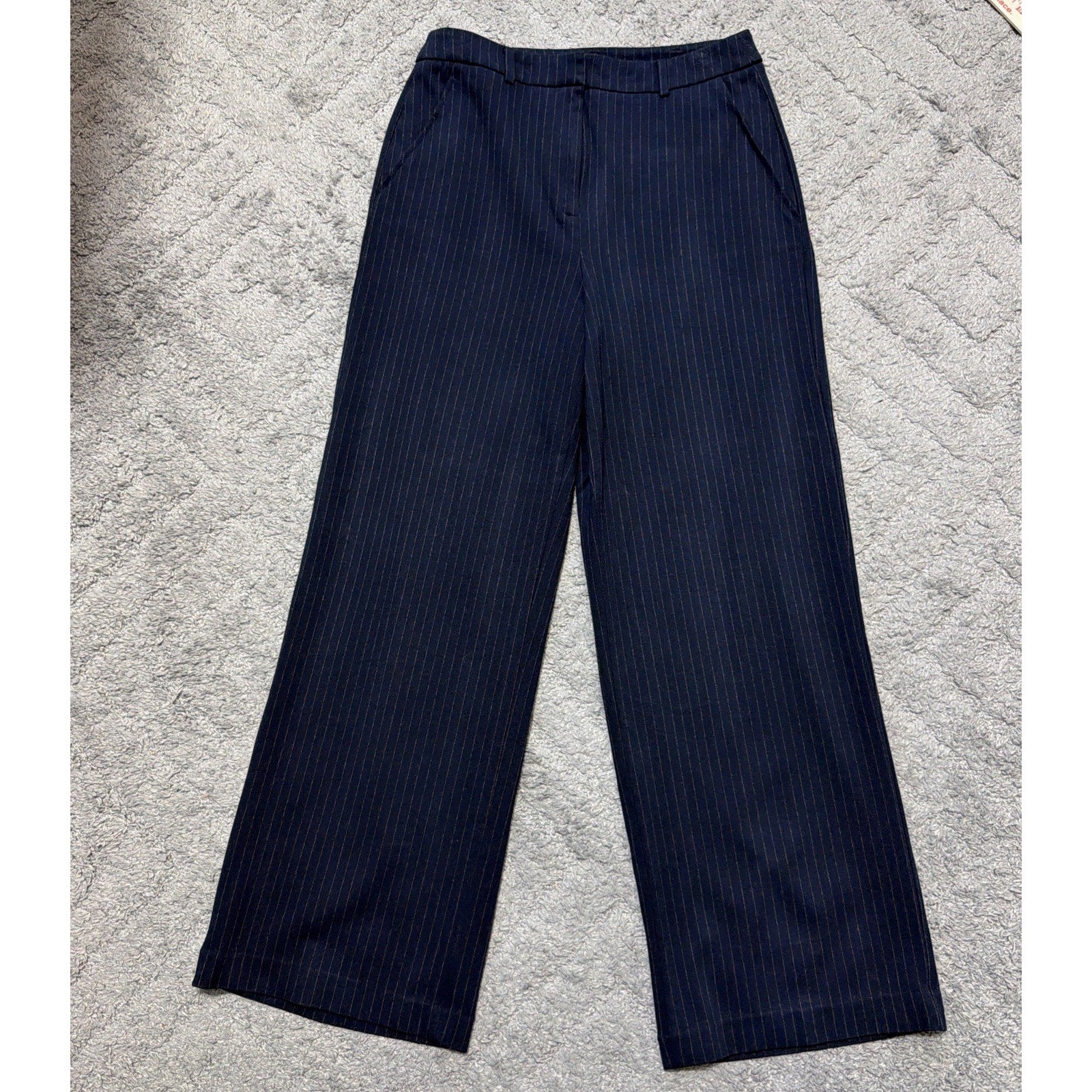 Kenneth Cole High Rise Zip Front Pin Stripe Wide Leg Women's 8 Pants Navy Blue