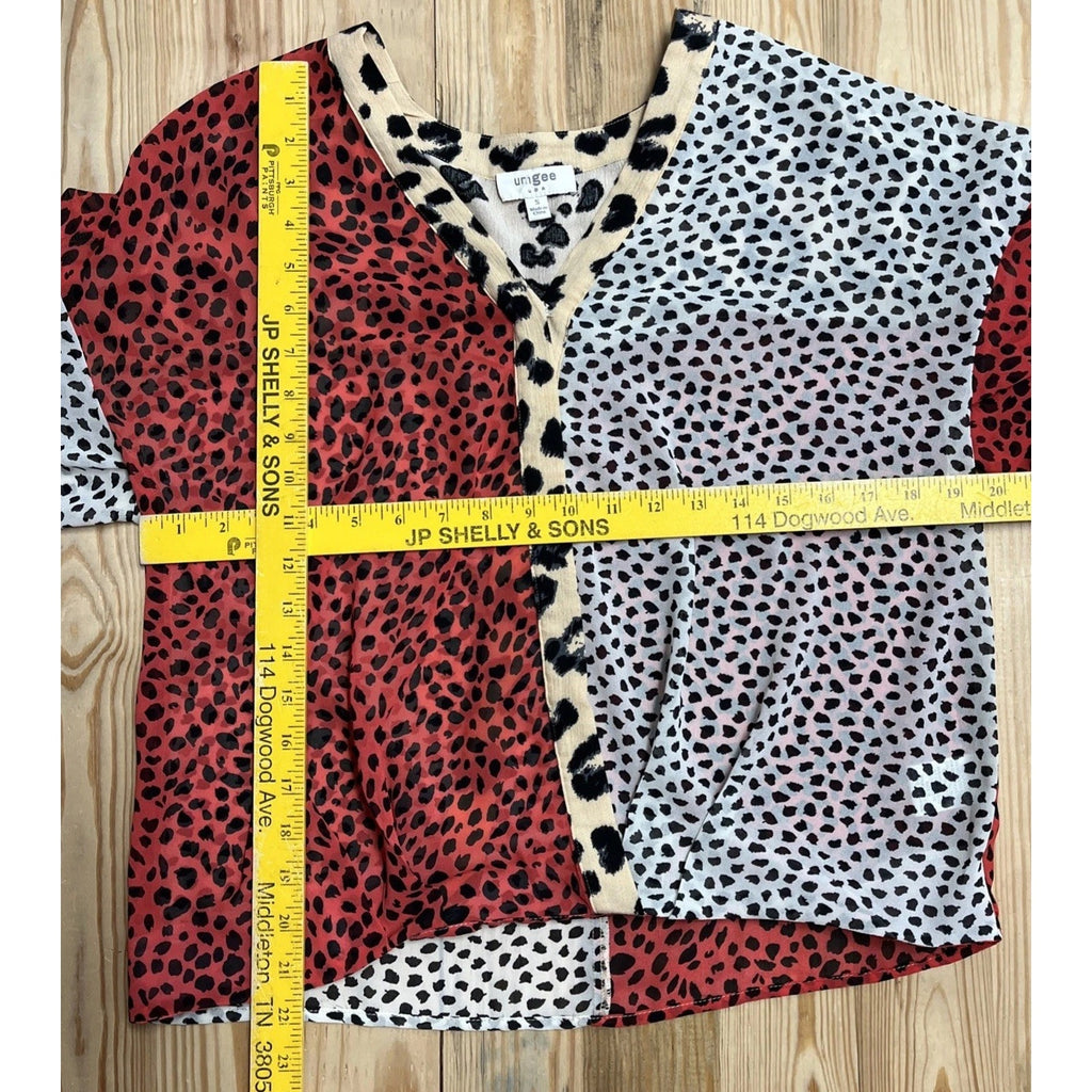 Umgee Oversized Mixed Animal Print Ruffle Split Sleeve Wrap Sheer Surplice Top S