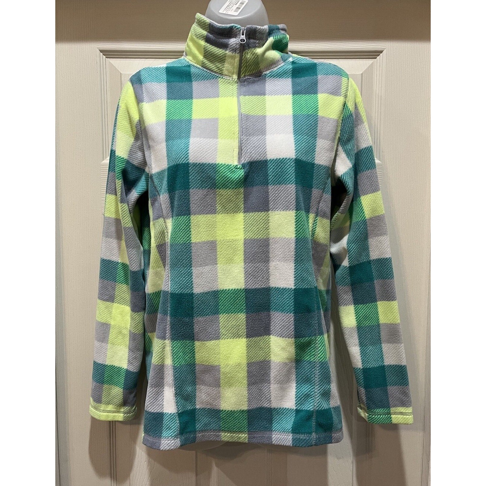 Old Navy Fleece Pullover Large Green Blue Plaid 1/4 Zip Jacket Sweater Women