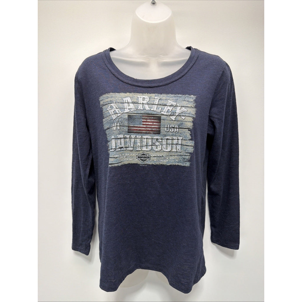 Harley Davidson T Shirt Women's M Blue Long Sleeve Back Graphic Made In USA