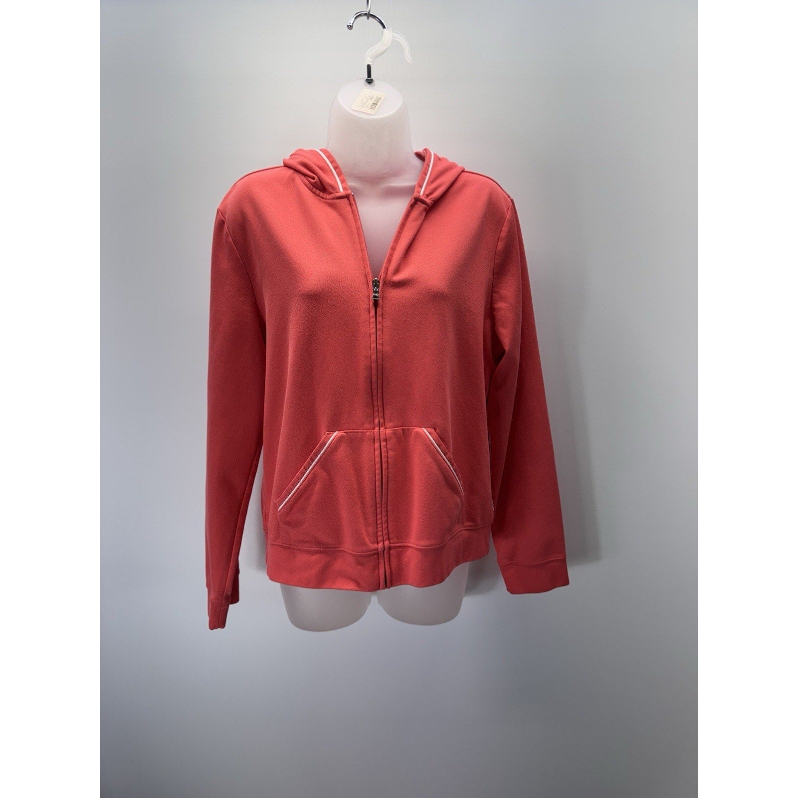 NY&CO Womens Sz L Pink Hoodie Pockets Full Zip White Trimmed