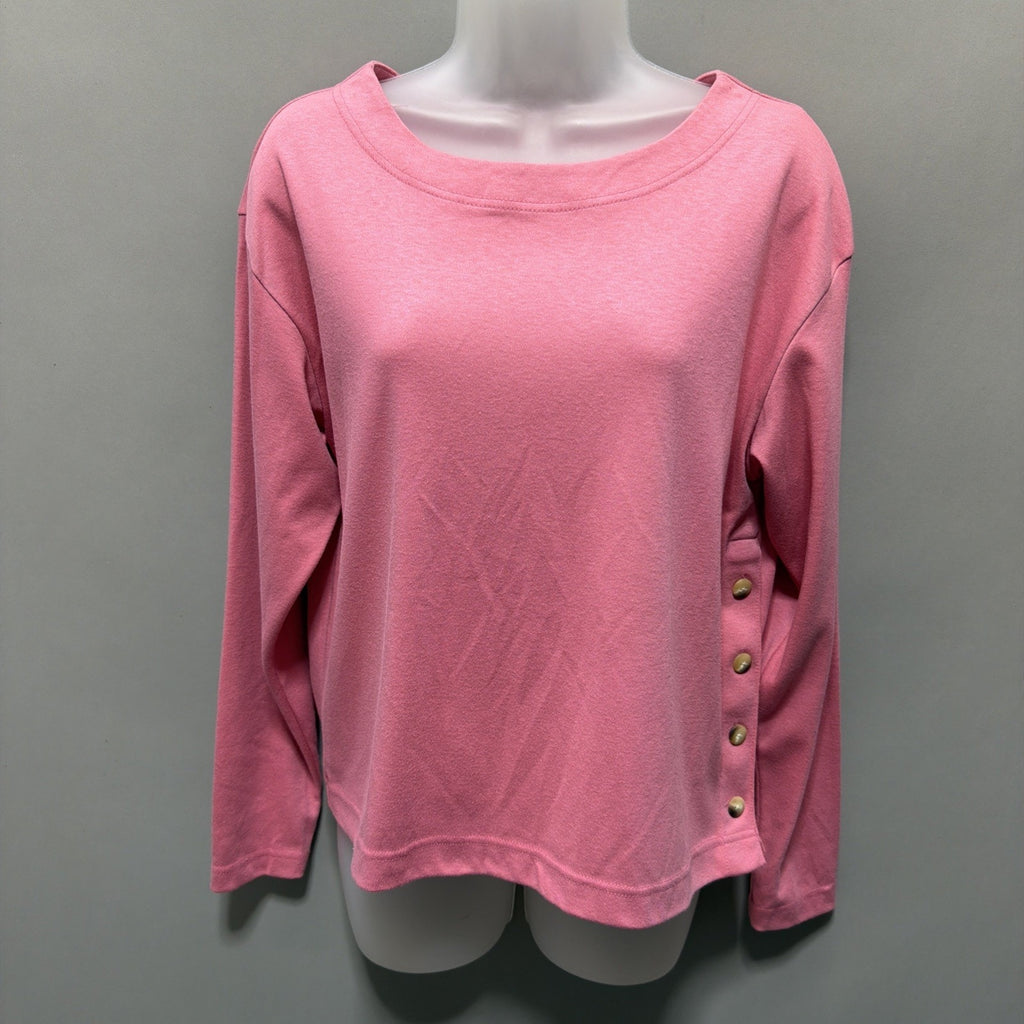 Vintage Lands End Women’s PetiteM Button Side Detail Sweatshirt Made In USA Pink