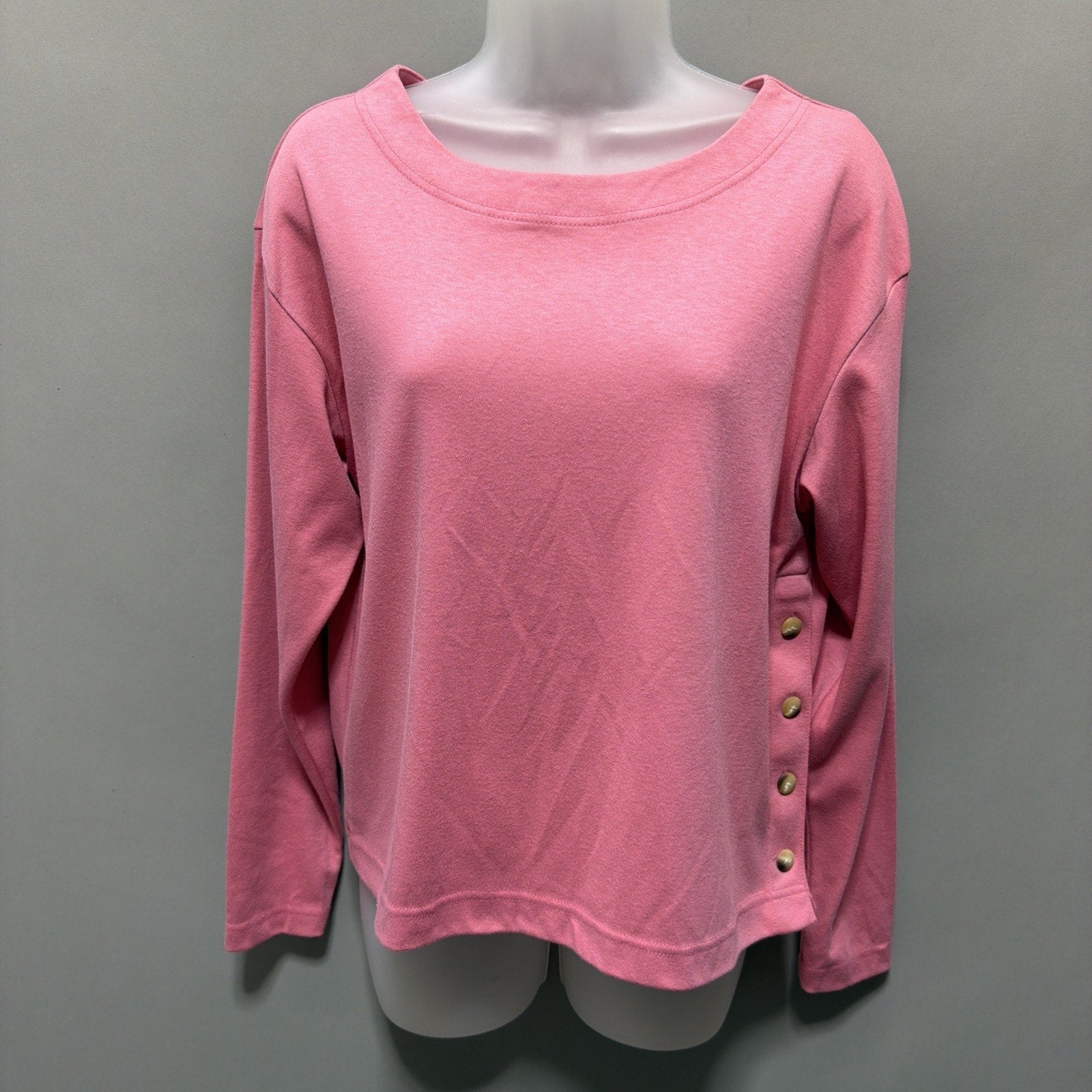 Vintage Lands End Women’s PetiteM Button Side Detail Sweatshirt Made In USA Pink
