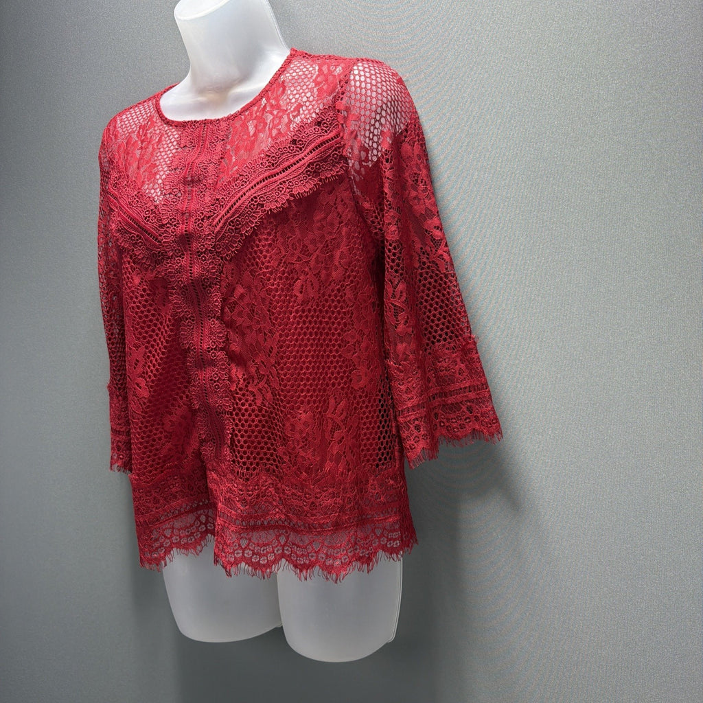Laundry by Shelli Segal Lace Blouse Small Red 3/4 Bell Sleeve Eyelash Hem Top