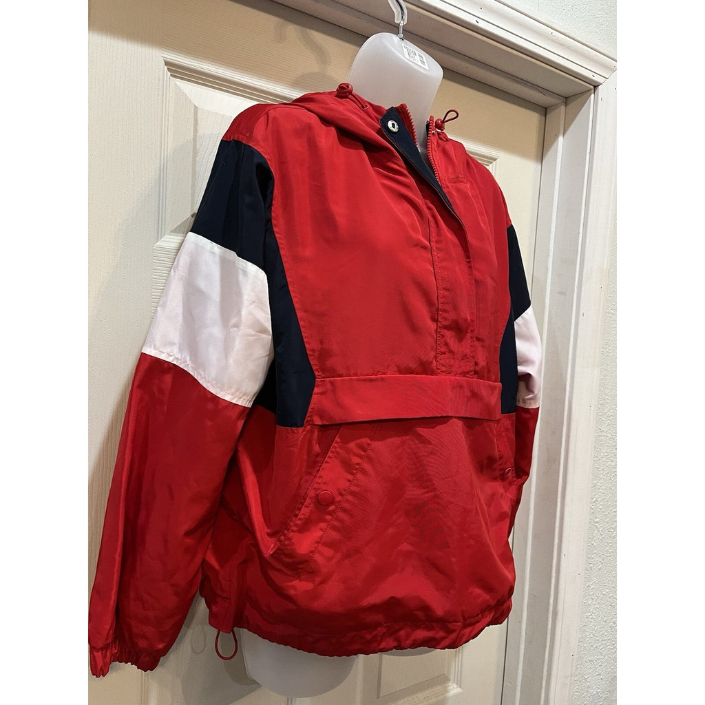 Forever 21 Women’s Red White Color Block Full Zip Jacket Hooded Size Medium