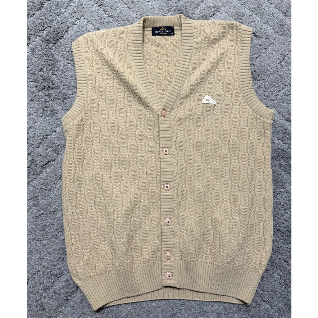 Monte Carlo Men Sz 44 Button Up Brown Lambs Wool Sweater Vest Cable Knit