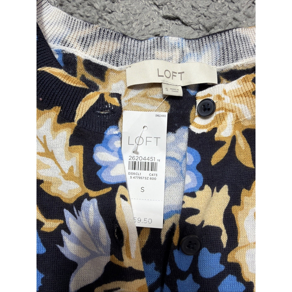 New Loft Size S Navy Blue Gold White Floral Print Button Front Cardigan Sweater