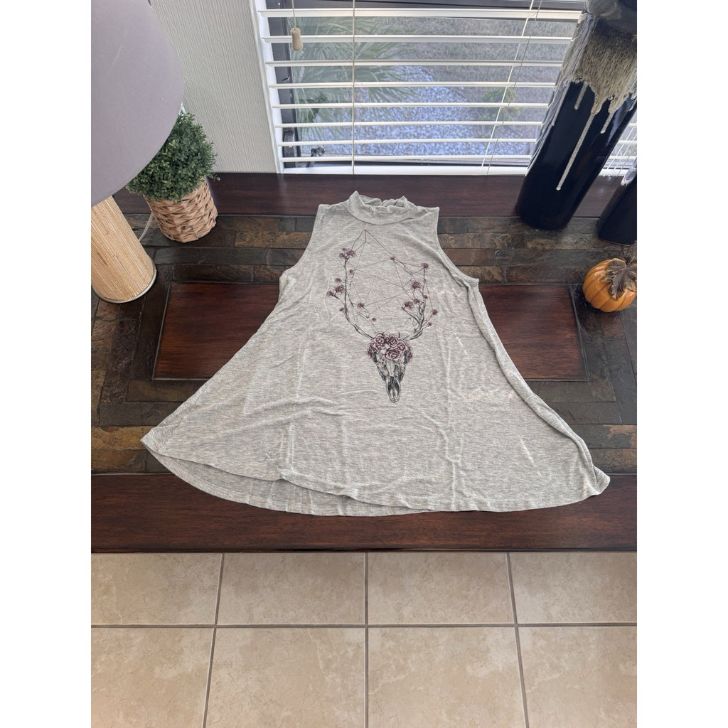 4th & Rose Tunic Women’s Size S Grey Gray Mock Neck Sleeveless Flowering Skull