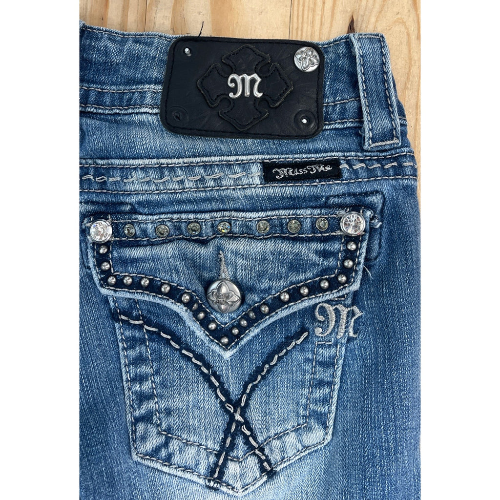 Miss Me Bootcut Jeans Size 26x27 Blue Low Rise Thick Stitch Studded Denim Hem