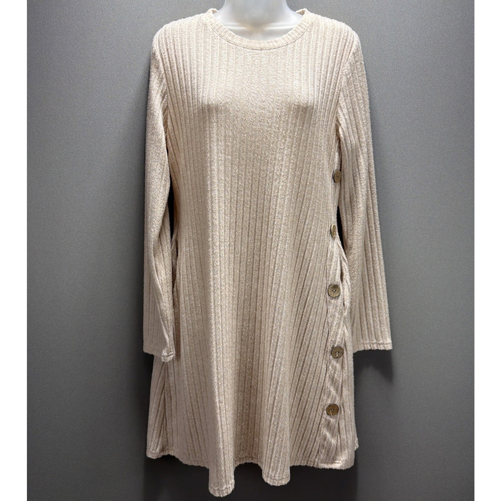 OFEEFAN Women’s Long Sleeve Ribbed Tunic Dress Side Buttons Soft Size Medium