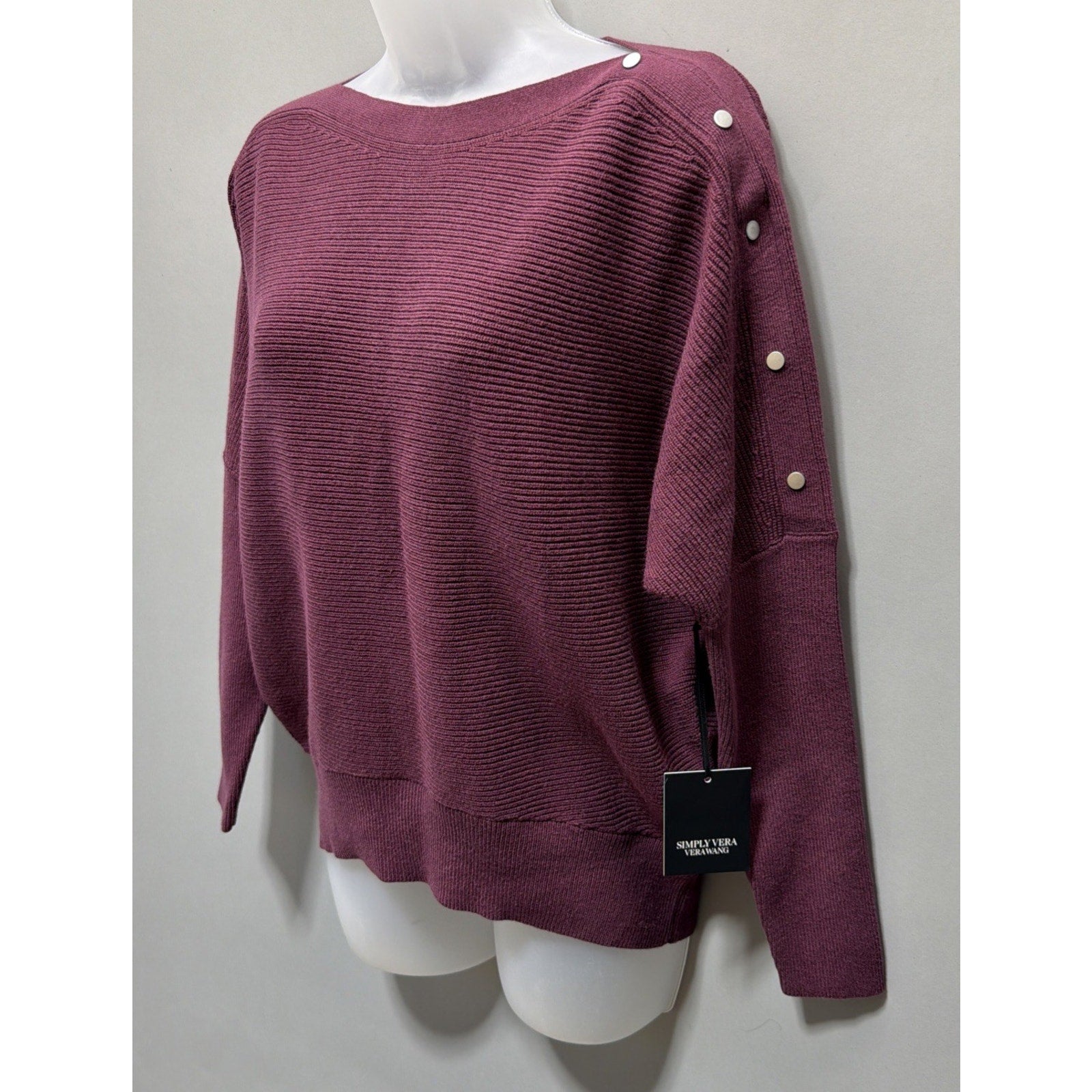 Women's S Simply Vera Vera Wang Snap Sweater Dolman Knitted Pullover NWT