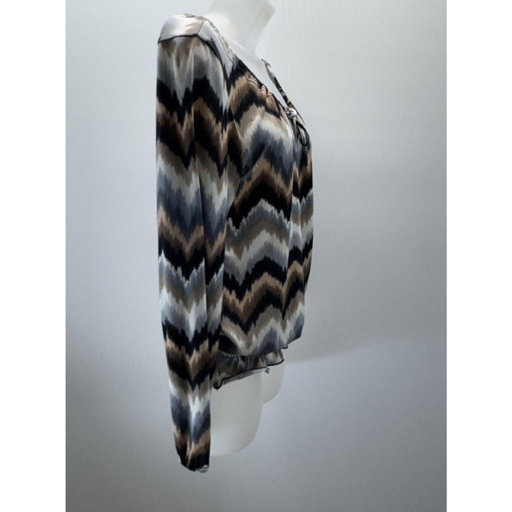 Carol Rose Blue Brown Chevron Keyhole Flounce 3/4 Sleeve Women’s Size M
