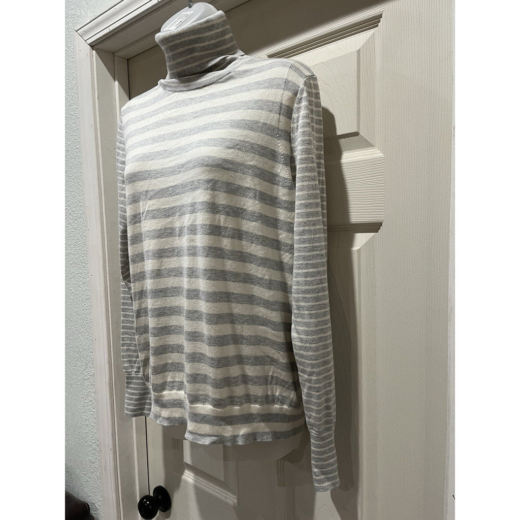 Banana Republic Cotton & Cashmere White Gray Striped Turtleneck Sweater L