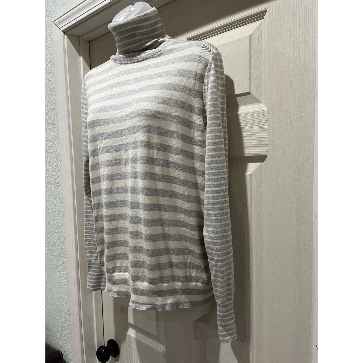 Banana Republic Cotton & Cashmere White Gray Striped Turtleneck Sweater L