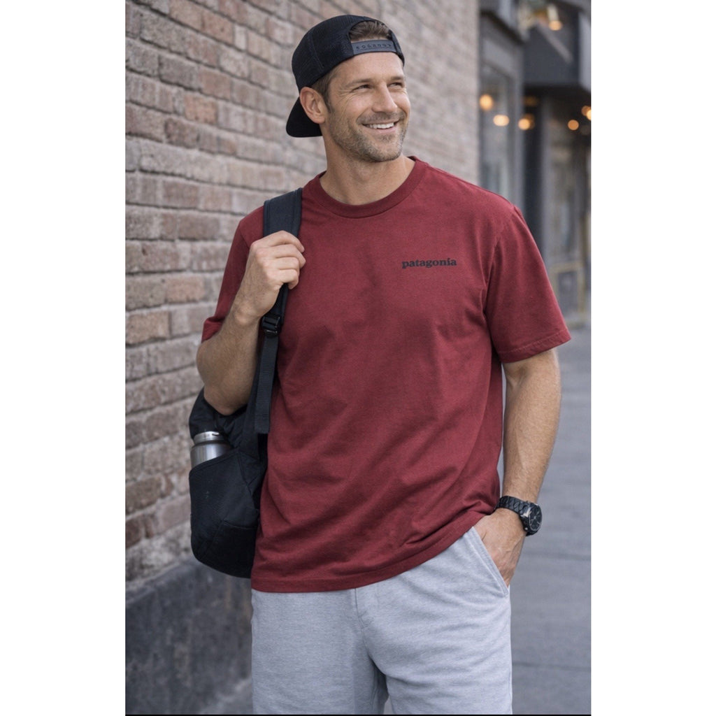 Patagonia T Shirt Mens Medium Red P-6 Logo Back Graphic Organic Cotton Planet