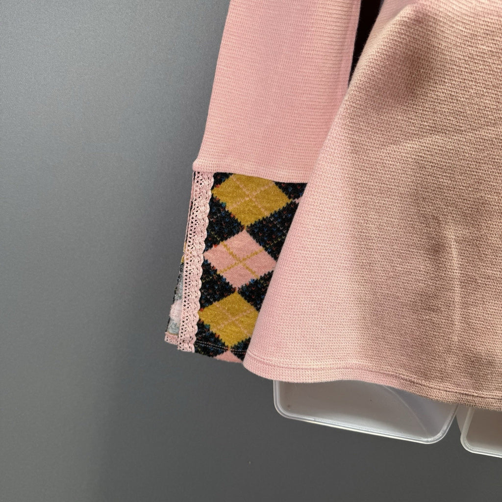 Others Follow Women’s M Pink Waffle Knit Top Argyle Cuffs Off Shoulder Boho