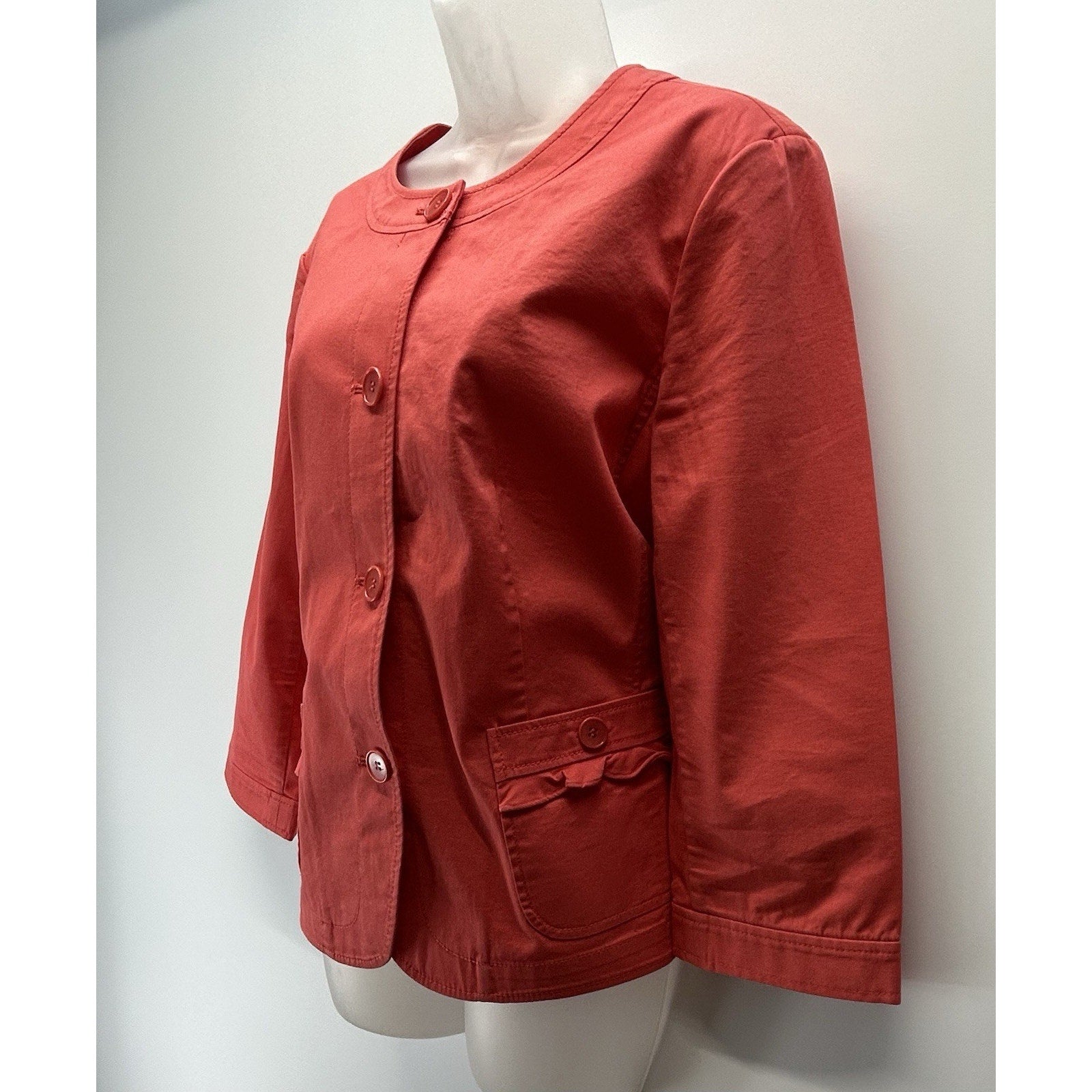 Talbots Blazer Womens Size 16 Coral Colored Ruffled Pockets 98% Cotton Jacket.