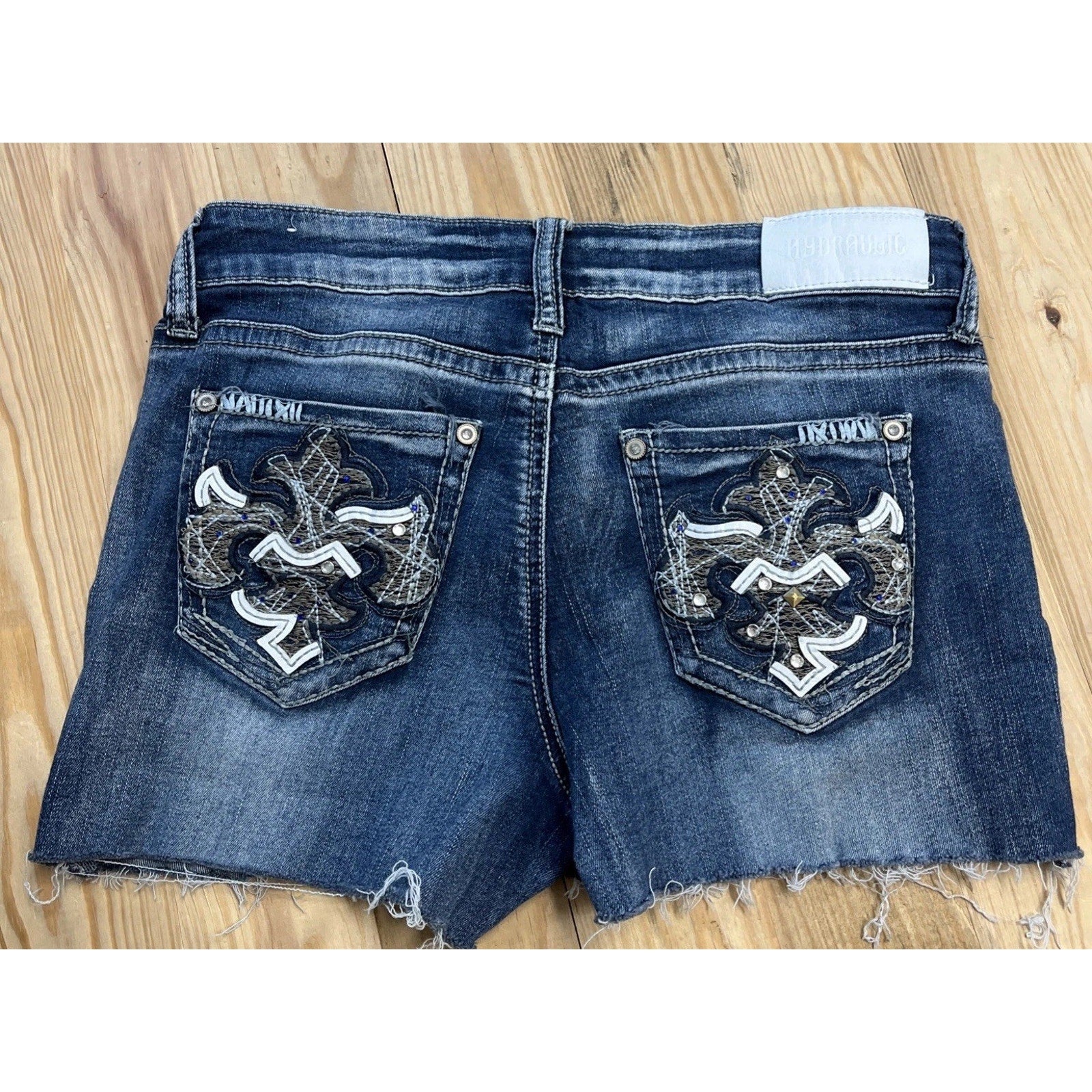 Hydraulic Y2K Denim Shorts Bailey Low Rise Distressed Embellished Pockets Sz 9