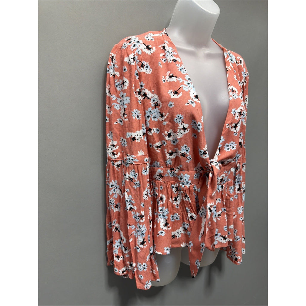 Jack by BB Dakota Tiger Lily Floral Poppy Coral Bell Sleeve Blouse Size Small