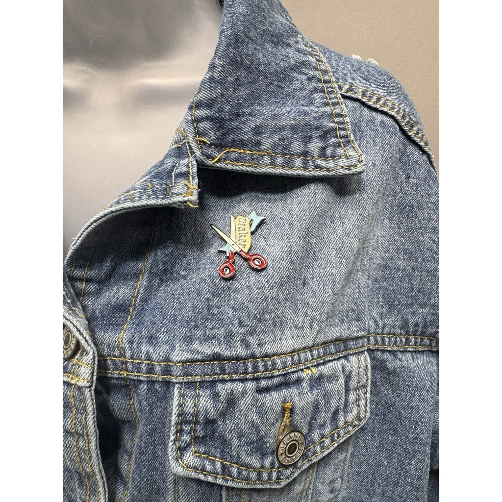 Crane Embroidered Blue Button-up Denim Jacket Destressed Detailing Women’s L