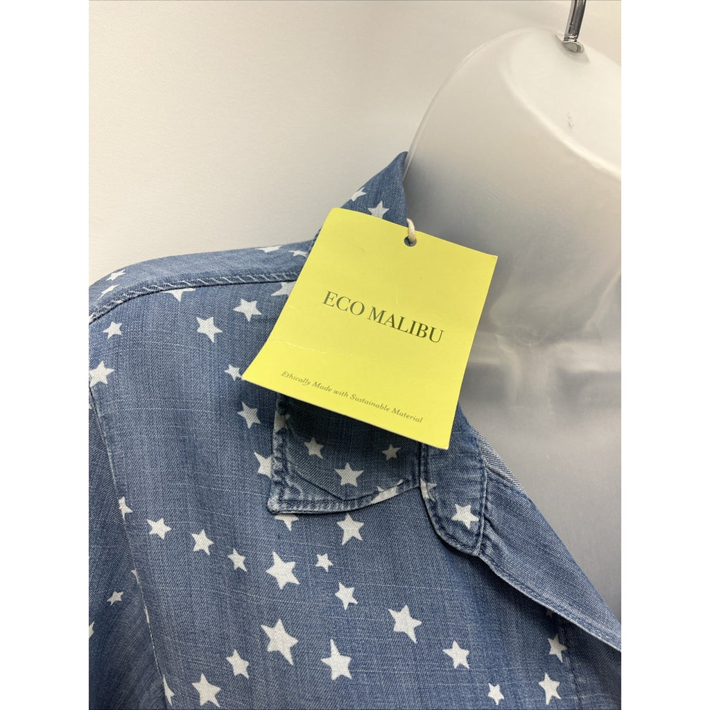 Eco Malibu Women’s Blue Star Print Long Sleeve Button Up Top Size Small