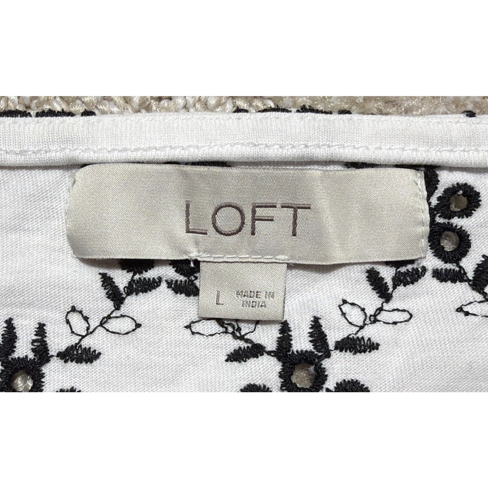 LOFT White/Black Floral Embroidered Square Neck Top Cotton Size Large
