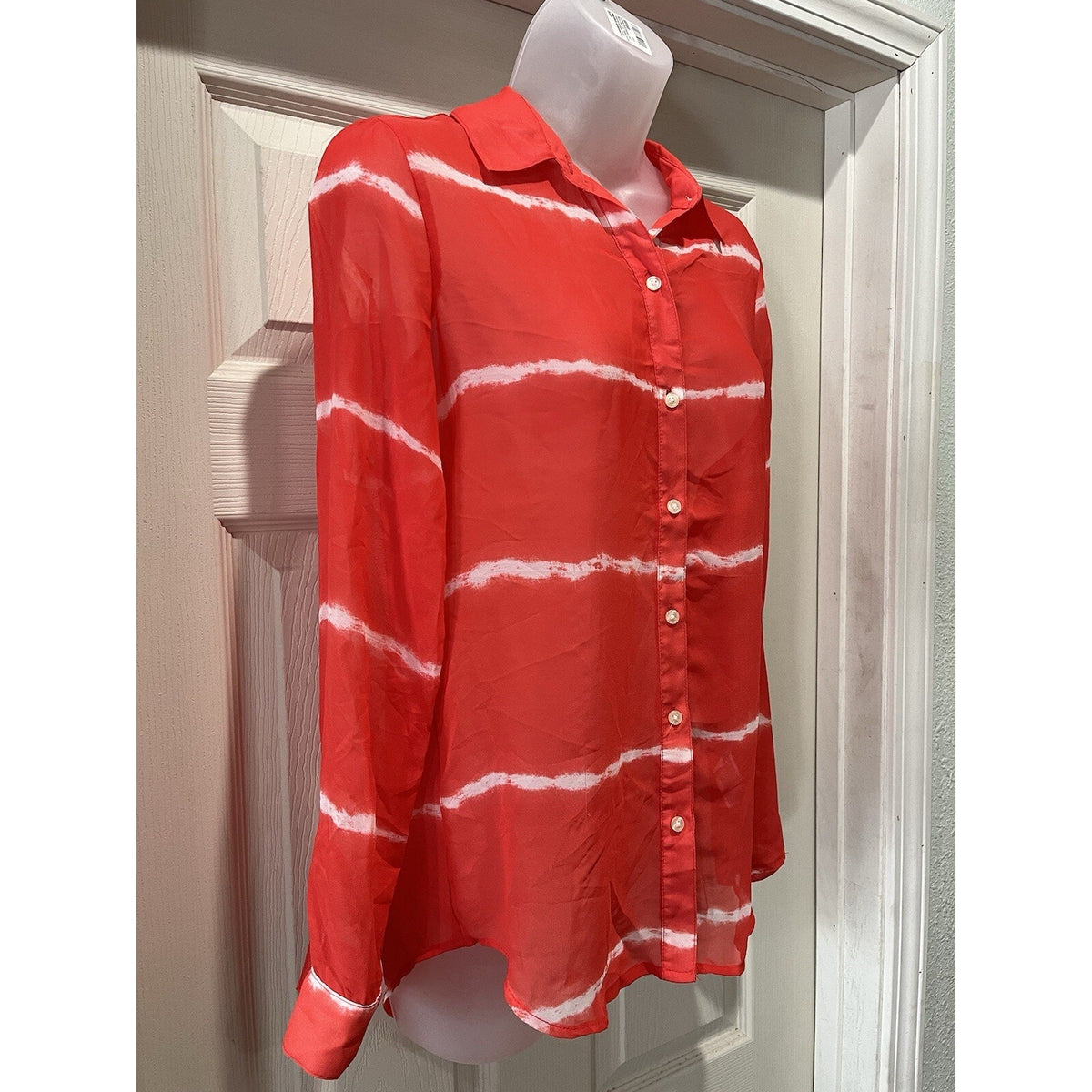 Old Navy Tye Dye Coral Orange Red Stripe Chiffon Shirt Size Small Button Up