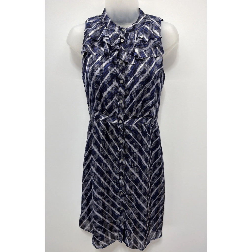Banana Republic Ruffle Neck Lined Shirtdress Sleeveless Women 0 Petite Navy