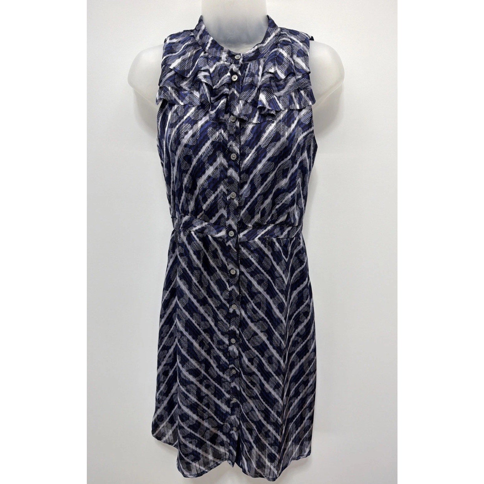Banana Republic Ruffle Neck Lined Shirtdress Sleeveless Women 0 Petite Navy