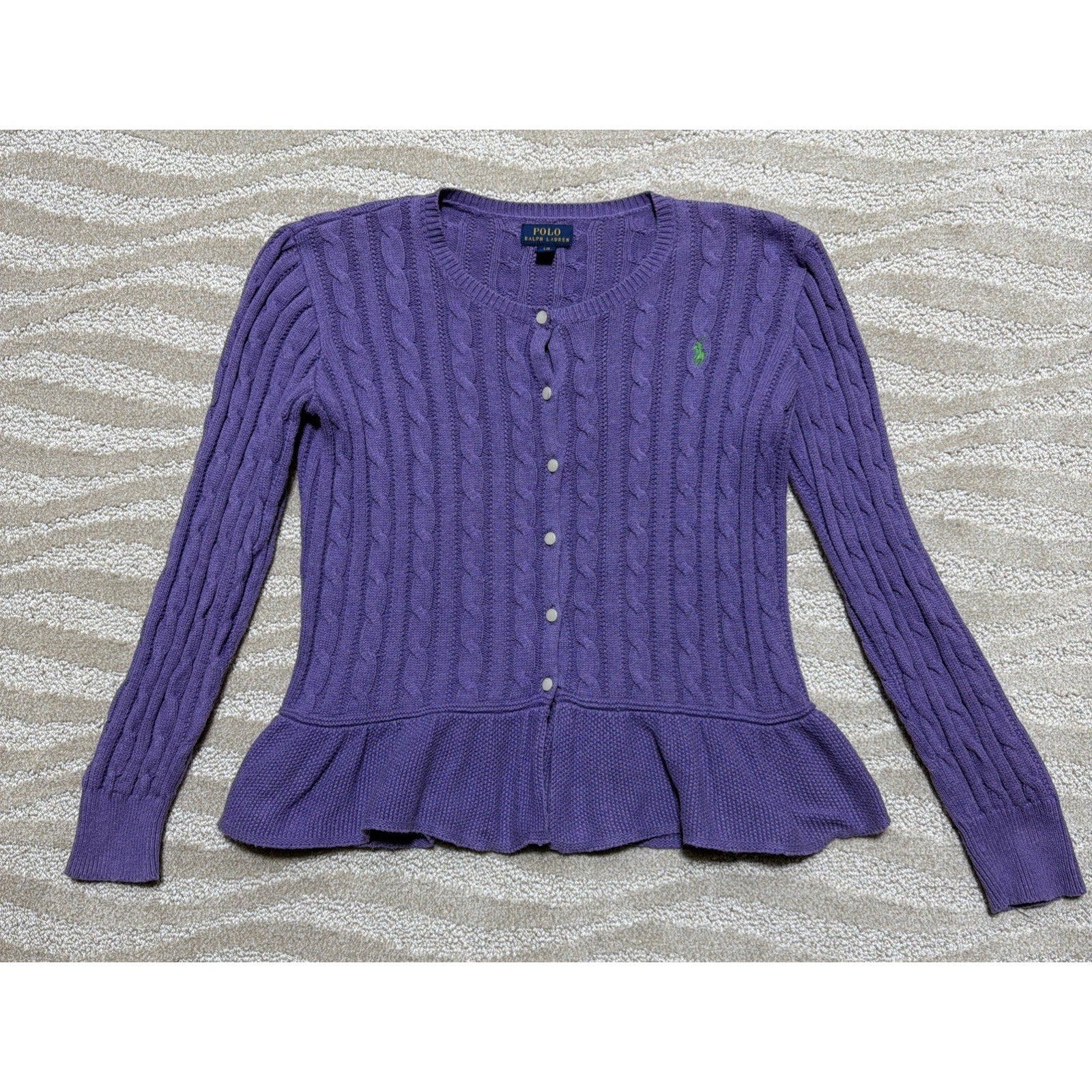 Vtg Polo Ralph Lauren Girls Cable-Knit Long Sleeve Cotton Cardigan Sweater L