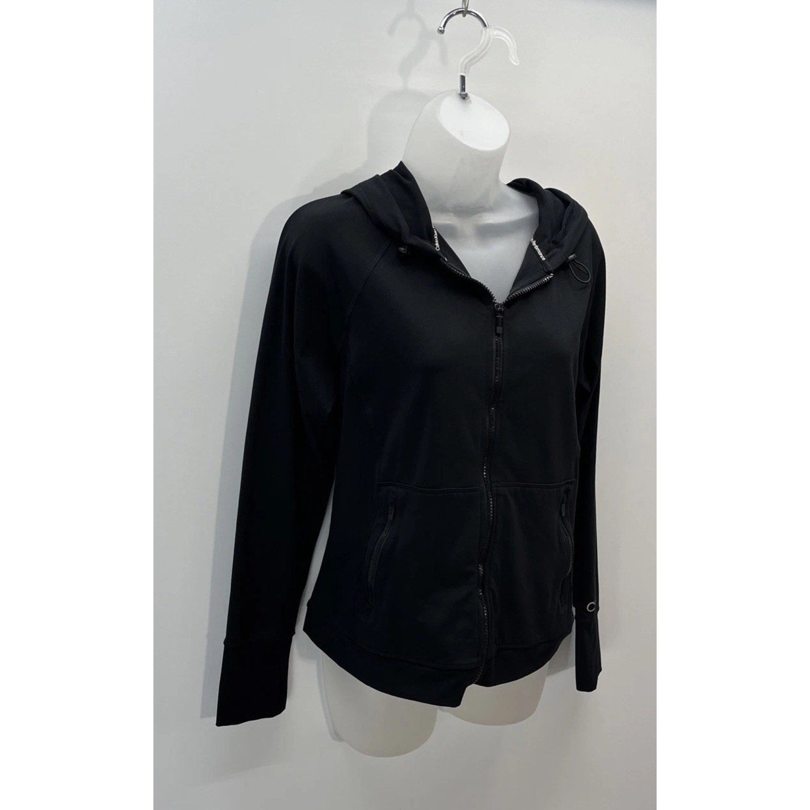 Calvin Klein Performance Black Thumb Hole Hooded Zip Pocket Jacket, Size Medium