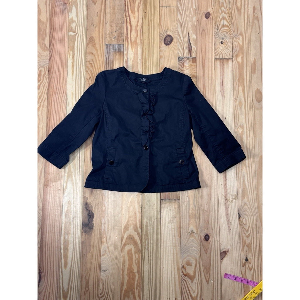 Talbots Blazer Women's 6P Petite Black 3/4 Sleeve Ruffle Trim Button Up Career