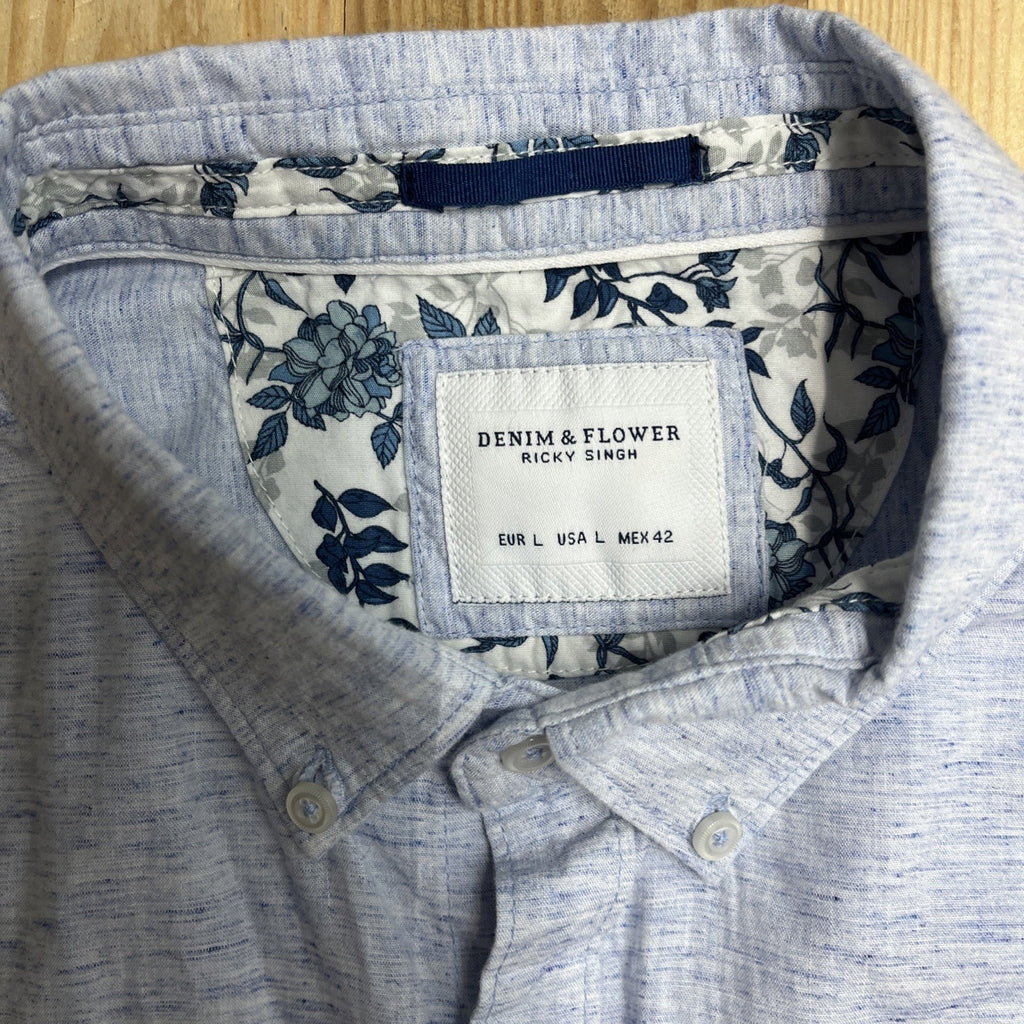 Denim And Flower Chambray Men Slim Fit Button Down Short Sleeve Cotton Shirt L