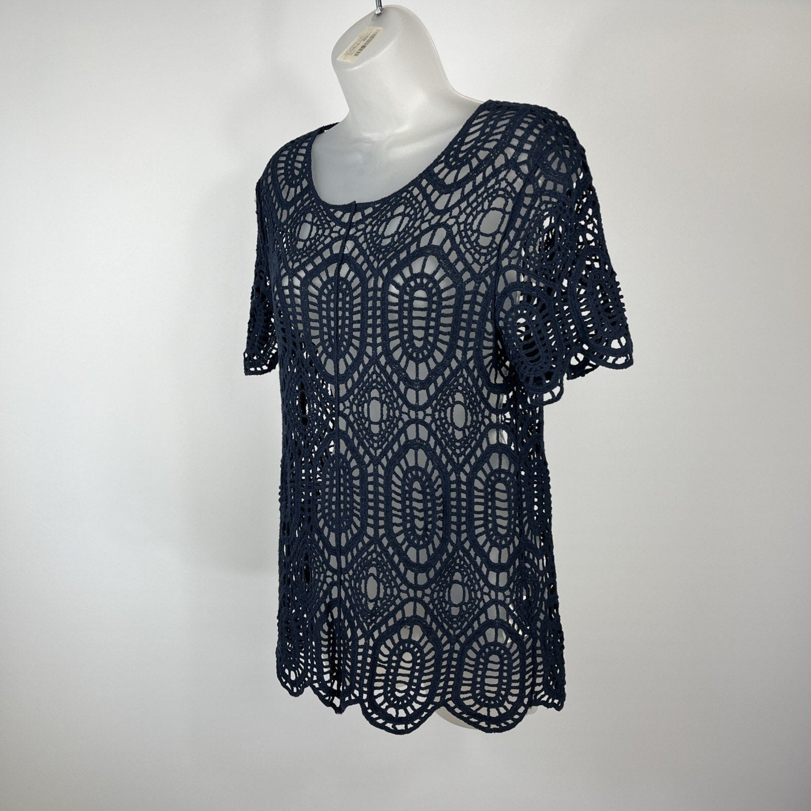 Bedford Fair Top Crochet Blue Open Knit Short Sleeve Women's M