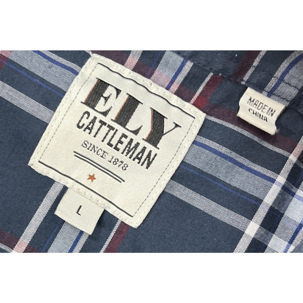 Plaid Western Shirt Short Sleeve Ely Cattleman Pearl Snap Blue Red Shirt Sz L