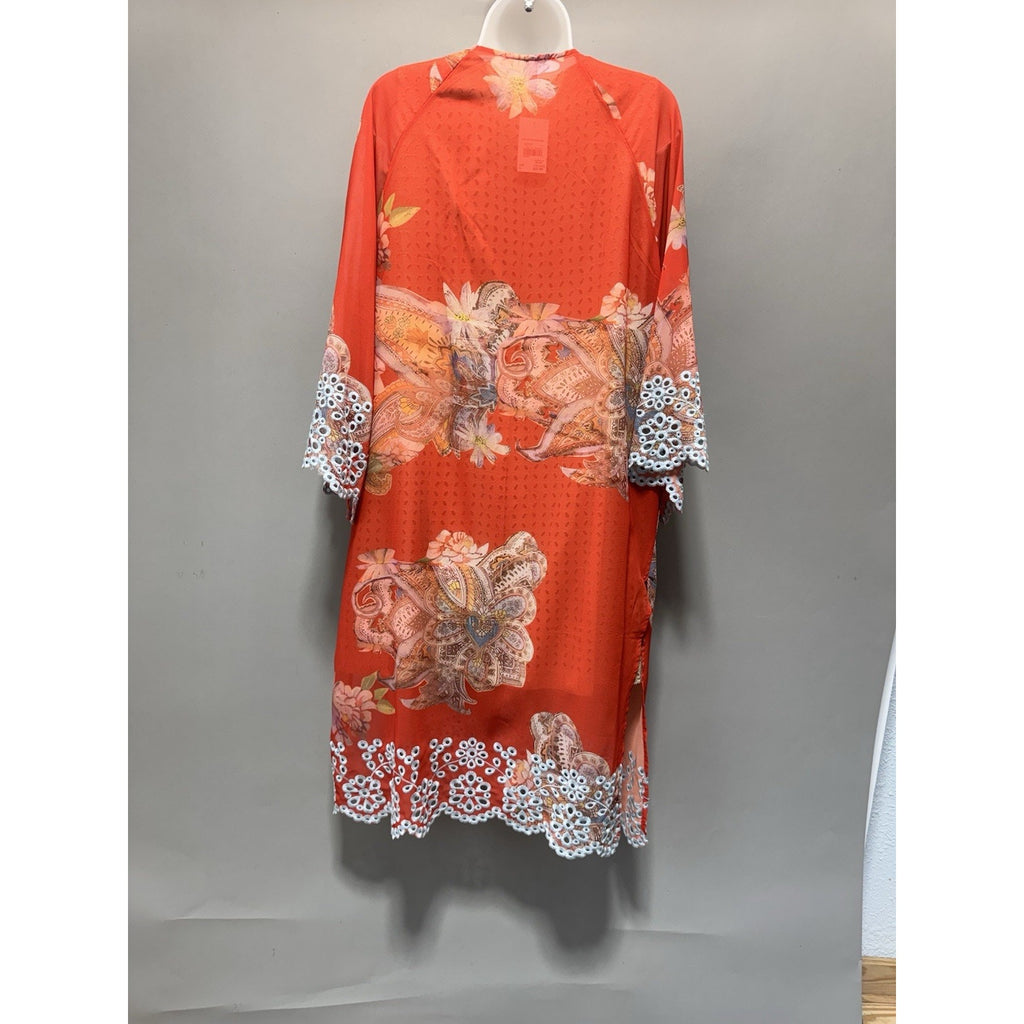 NWT Cato Floral Paisley Kimono Cardigan Cover Up Lace Trim Coral Orange Boho L