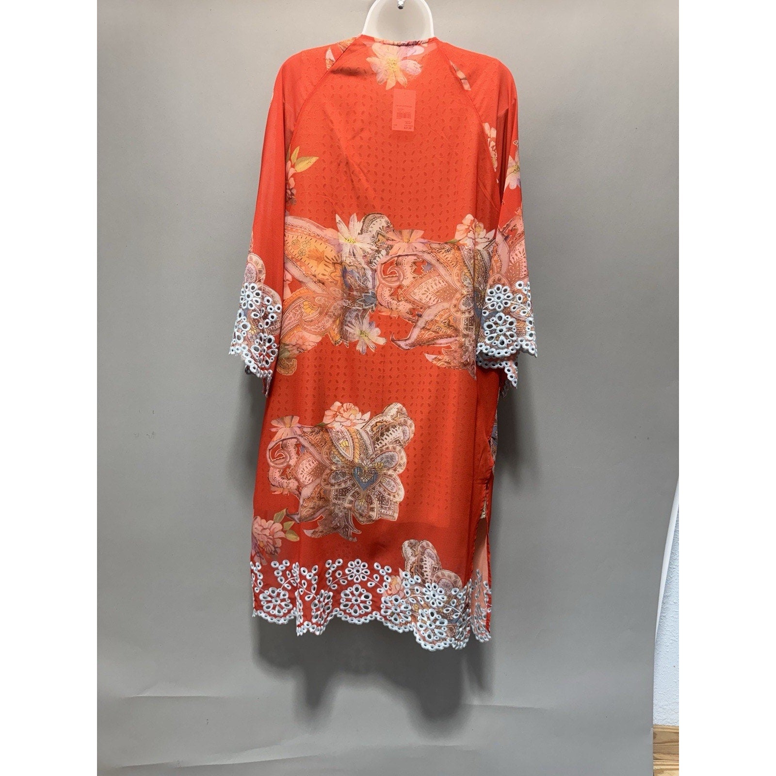 NWT Cato Floral Paisley Kimono Cardigan Cover Up Lace Trim Coral Orange Boho L