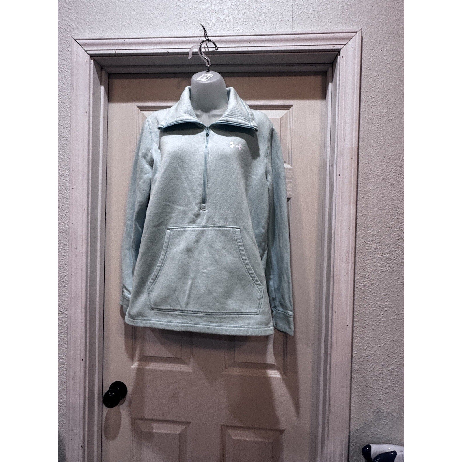 Under Armour Womens Quarter Zip Sweatshirt Fleece Large Mint Green Logo on Back