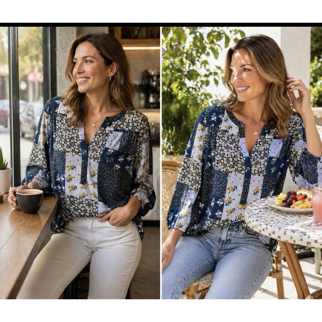 ANN TAYLOR LOFT Blouse M Blue Sheer Patchwork Boho Ditzy Fairy Floral Top
